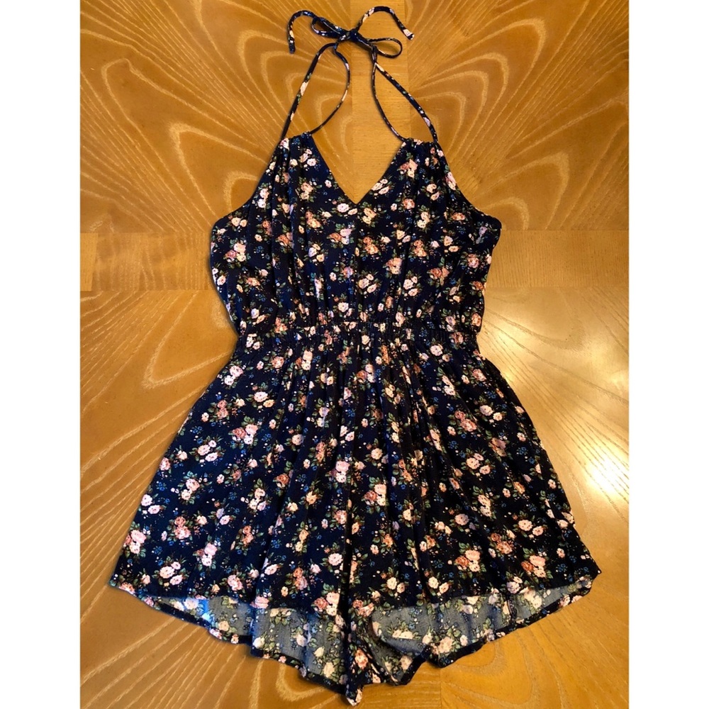 Forever 21 Navy Floral Print Back Tie Romper